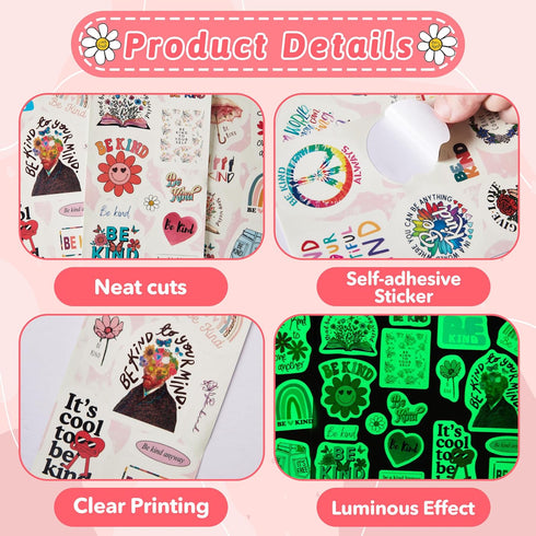 Inspirational Quotes Water Bottle Stickers for Kids Glow in The Dark, 72 PCS Vinyl Be Kind Stickers Pack for Laptop, Cute Skateboard Phone Case De...