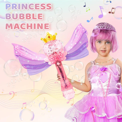 Bubble Wands for Kids Girls - Rechargeable Princess Light Up & Music Bubble Machine with 2 Bubble Solutions, Outdoor Party Birthday Toys for Toddl...
