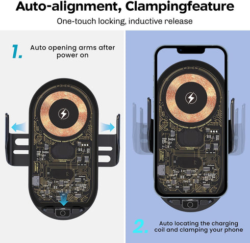 Wireless Car Charger with Phone Holder Mount, 15W-5W Qi Fast Charging Auto Clamping Car Charger Phone Holder Mount, for iPhone 15 14 13 12 11 Pro ...