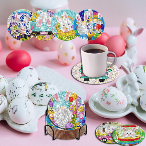 8 Pieces Easter Diamond Coasters Kits Holder DIY Easter Rabbit Diamond Art Coaster Coaster for Adults Diamond Kits Supplies for Spring Easter Gift...