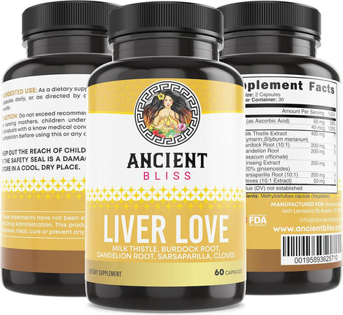 Ancient Bliss Liver Love - Natural Milk Thistle Liver Detox and Liver Health Cleanse Supplement - Support Healthy Liver in Men and Women - 60 Caps...