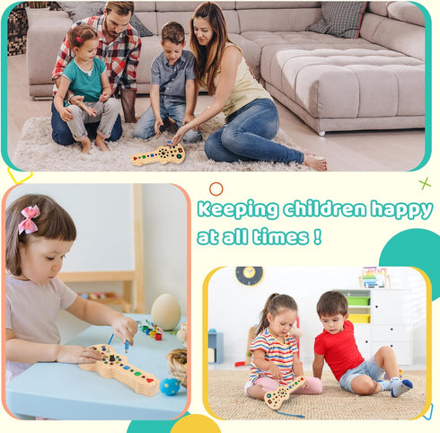 Montessori Toddler Busy Board Toy Busy Board with 15 LED Light Wooden Guitar Busy Board Toy Sensory Toy Light Switch Toy for Toddler and Baby...