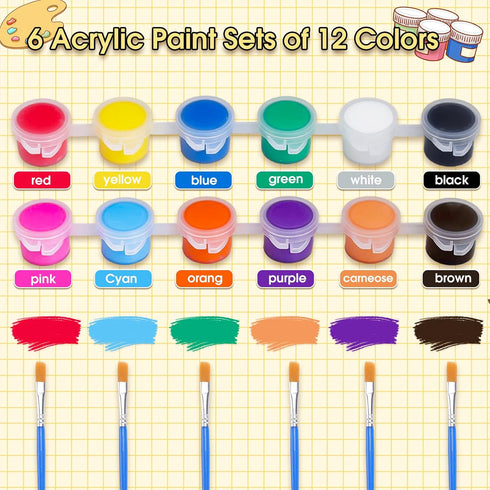 6 PCS Mini Paint Set,Kids Paint Bulk Set,Washable Acrylic Paint Strips Set for Kids & Adults,12 Filled Paint Strips in 12 Colors,12 Brushes 6 Mixi...