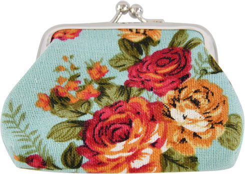 Home-X Canvas Coin Pouch Clasp Closure, Rose Pattern, Floral Coin Purse, Keys Wallet, Round-Blue (4" L x 3.5" H)...