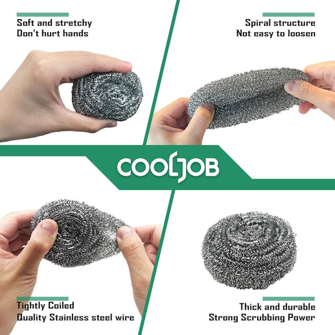 COOLJOB 6/12 Pack Stainless Steel Scrubber Sponges, Heavy Duty Tough Metal Scouring Pads for Dishes, Pans, Pots, Ovens, Uncoated Cookware, Powerfu...