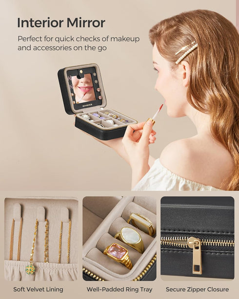 SONGMICS Jewelry Box, 4.5 x 4.5 x 2.2 Inches Travel Jewelry Box with Interior Mirror, PU Leather Jewelry Storage for Women, Small Jewelry Organize...