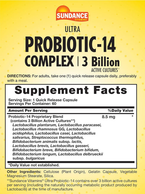 Sundance Probiotic-14 Complex | 3 Billion Active Cultures | 60 Capsules | Non-GMO and Gluten Free Supplement...