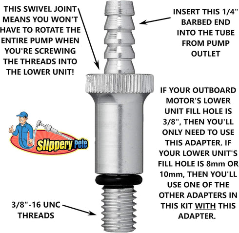 Slippery Pete - Lower Unit Gear Oil Pump for Standard Quart Bottles, Includes 3/8 inch Metal Swivel, 8mm and 10mm Adapters Fit Most Marine Boat Ou...
