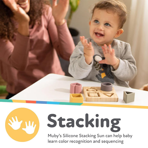 Nuby Soft Shape Silicone Puzzle Toy with Bamboo Wooden Base, Promotes Hand-Eye Coordination, 5 Piece...