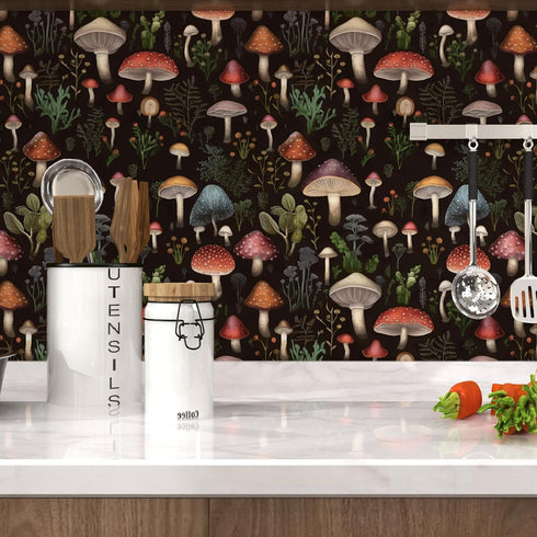 Black Mushroom Wallpaper Peel and Stick Wallpaper Black Wallpapers Stick and Peel Black Contact Paper for Cabinets Waterproof Self Adhesive Wall P...
