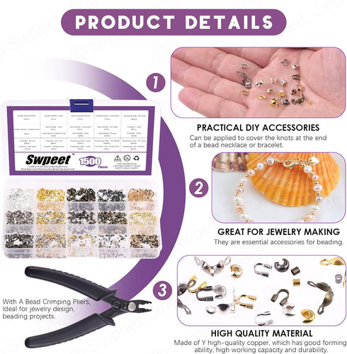 Swpeet 1501Pcs 6 Colors 4 Styles Brass Tube Crimp Beads with Bead Crimping Pliers Kit, Including Brass Tube Crimp Beads & Crimp Beads Knot Covers ...
