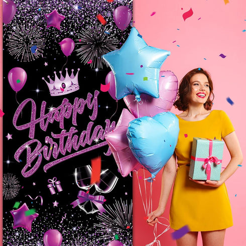 Purple Happy Birthday Door Banner Black Party Decorations for Women Girls Large Cover Backdrop Supplies Background Poster Photo Booth...