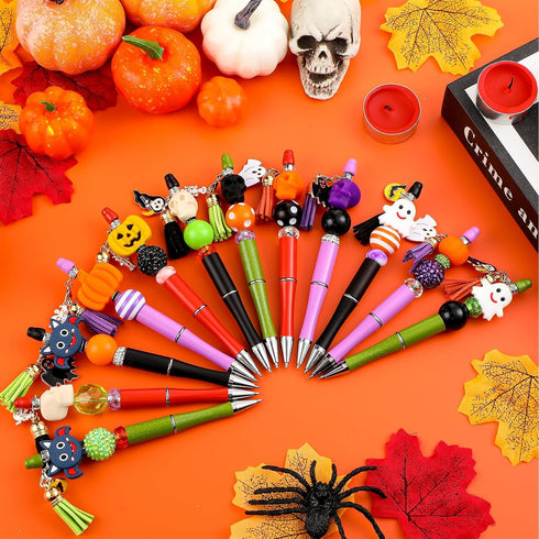 Tenceur 12 Pcs Halloween Plastic Beadable Pen Bead Ballpoint Pen Halloween Silicone Beads 105 Pcs Accessories DIY Black Ink Bead Pen Pumpkin Skull...