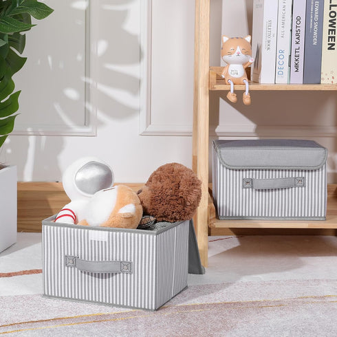Small Fabric Storage Bin with Lid & Handle Foldable Cotton Linen Storage Basket Rectangular Cube Box Decorative Lidded Home Organizer Clothes Blan...