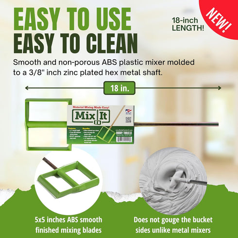 Drywall Mud Mixer for Paint, Epoxy Resin, Potting Soil, Joint Compound - ABS Paddle, 18" Length, Non-Slip 3/8" Zinc Plated Hex Shaft for 1/2" Dril...