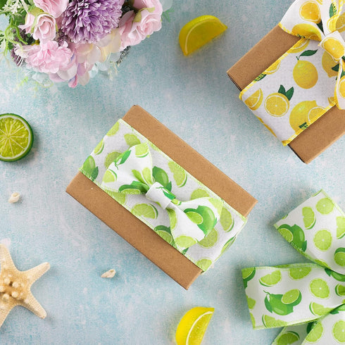 Whaline 2 Rolls Summer Lemon Wired Edge Ribbon 12 Yard Yellow Green Lemon Pattern Ribbon Summer Spring Fabric Decorative Craft Ribbon Roll for Gif...