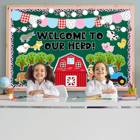 97Pcs Farm Animals Bulletin Board Kit Farmhouse Themed Bulletin Board Set Barnyard Animals Decoration Borders Cutouts with Glue Points for Farm Pa...