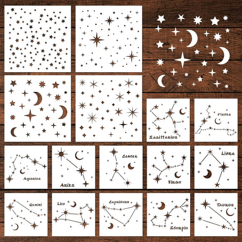 Star Stencils for Painting, 16 Pcs Star Moon Stencils for Painting on Wood Wall Painting Template, Large Reusable Star Zodiac Constellation Stenci...