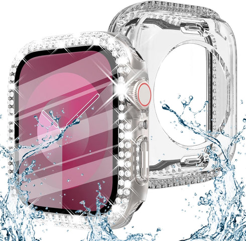 Surace 2 in 1 Waterproof Bling Case Compatible for Apple Watch Series 9 8 7 45mm, Over 100 Crystal Diamonds with Screen Protector, Front & Back Fu...
