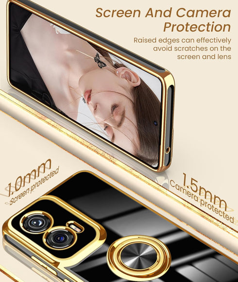 Dretal for Moto G Stylus 5G 2024 Case, 2X Screen Protector, 360° Rotatable Ring Holder Magnetic Kickstand,Plated Gold Edge Slim Soft TPU Protectiv...