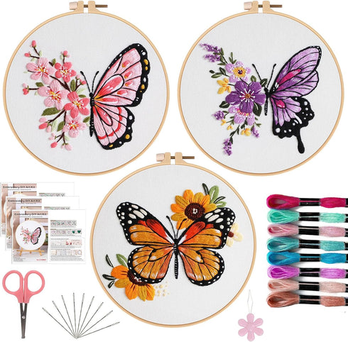 Offizon 3 PCS Embroidery Kit for Beginners - Embroidery Patterns, Embroidery Accessories & Hoop Included, Hand Embroidery Kit for Adults Stitching...