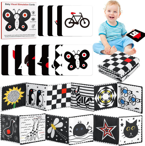 Black and White High Contrast Baby Book for Newborn with Baby Flashcards, Infant Tummy Time Soft Cloth Book Crib Toys, Washable Non-Toxic Early Ed...