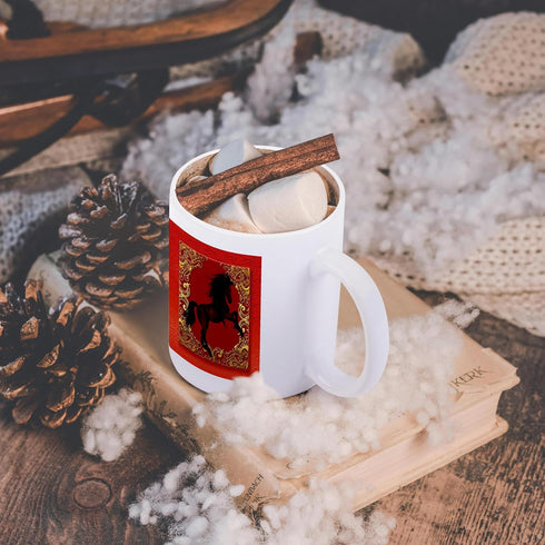 3dRose Zodiac Horse Chinese New Year Red, Gold And Black Ceramic Mug, 15 oz, White...