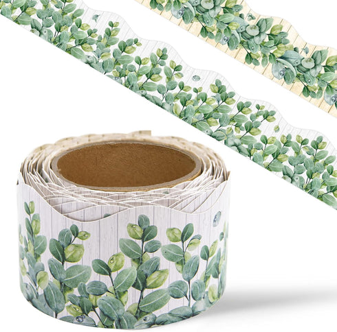 Eucalyptus Bulletin Board Border Die-Cut Classroom Decoration 36ft Per Roll Two Sided Printed Rustic Greenery Leaves Border for Classroom Back to ...
