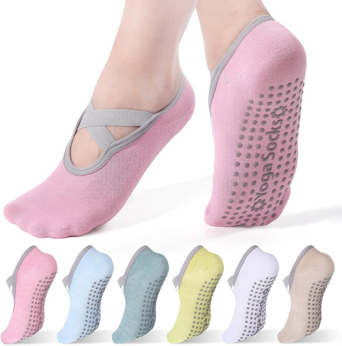 6 Pairs Yoga Socks for Women Pilates Socks with Grip and Straps Non Slip Yoga Accessories for Women Workout Ballet Dance...
