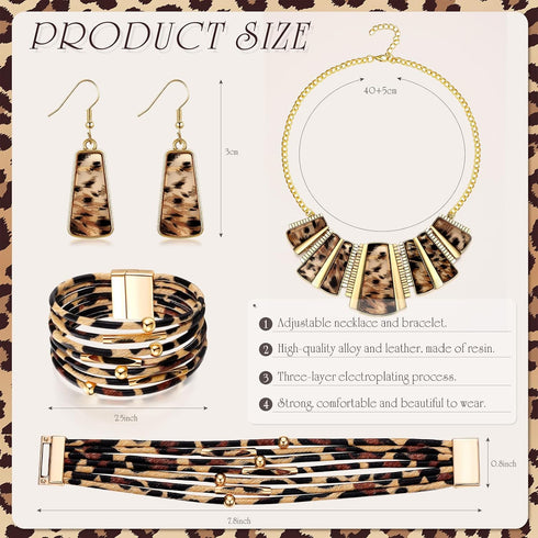 3 Pieces Leopard Necklace Earrings Bracelets Jewelry Set Women Bohemia Leopard Print Bib Chain Necklace Bracelet Print Jewelry Multi Layer PU Leat...