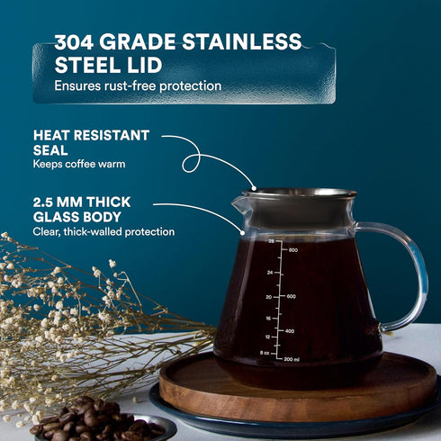 Glass Range Coffee Server For Pour Over Coffee & Tea - 800ml/27oz Ovalware Microwave Safe & Heatproof 2.5mm Thick Glass Body...