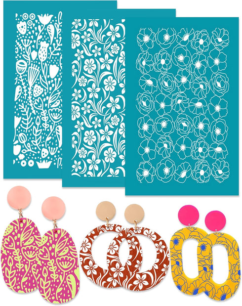 Benvo Pack of 3 Silk Screen Stencils Reusable for Polymer Clay Jewelry Earrings Print Stencils Easy Decoration Flowers Silkscreen Stencil (5.4 x 4...