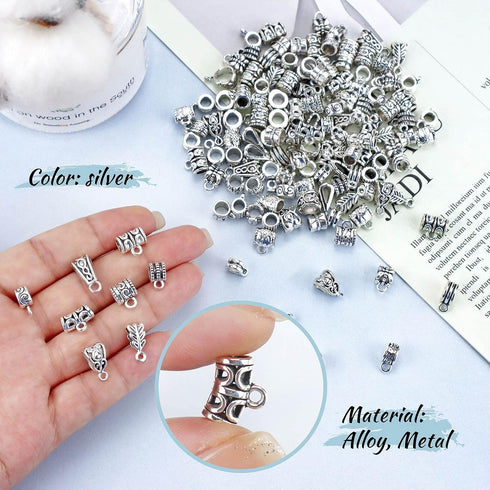 JIALEEY 125 Piece Mixed Antique Tibetan Silver Bail Tube Beads, Bail beads, Spacer Bead, Bead Hanger Fit Charm European Bracelet Pendant Jewelry M...