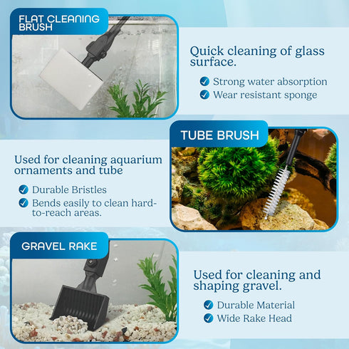 Aquarium Cleaning Tools 7 in 1 - Fish Tank Cleaning Kit with Algae Scraper, Scrubber Pad, Adjustable Telescopic Long Handle, Fish Net, Gravel Rake...