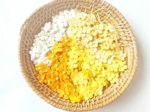 PL Set of 50 Tiny Flower Mixed Tone Yellow Embellishment with Thread stem Mulberry Paper Flower Size 0.30" Very Small Yellow1 Craft Handmade Weddi...