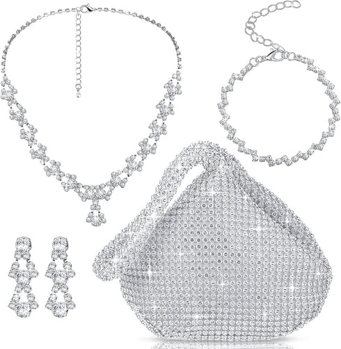 Sanwuta 4 Pcs Silver Clutch Purses for Women Evening Rhinestone Jewelry Set Necklace Earrings Bracelet Wedding Accessories...