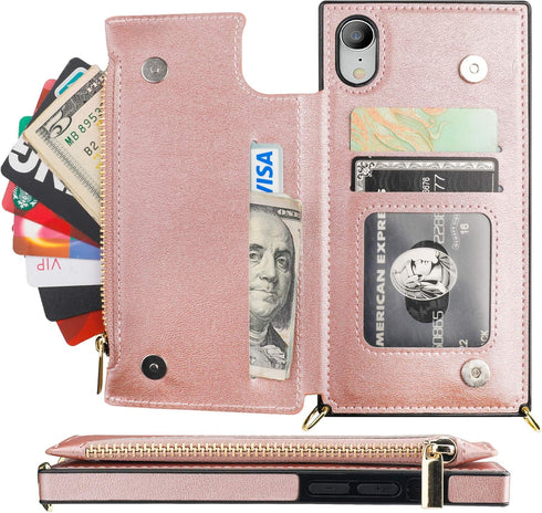 Bocasal Crossbody Wallet Case for iPhone Xr with Card Holder,Zipper Card Slot Protector Shockproof Purse Cover with Removable Cross Body Strap 6.1...