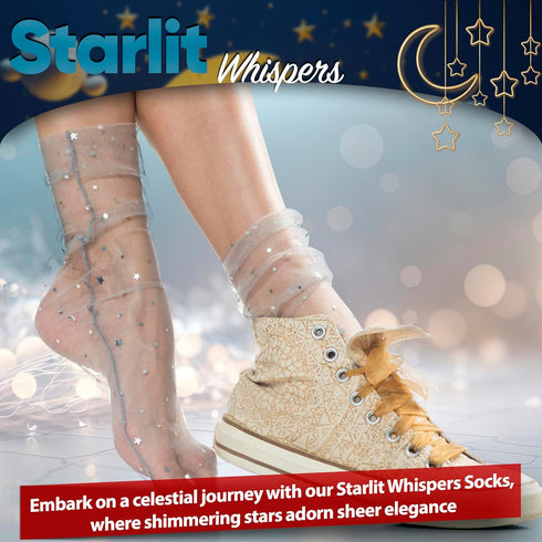 Mist Grey Elegance: Women Sheer Slouch Tulle Socks | Shiny Glitter Novelty Decorated Loose Socks with Stars & Moon - Ankle High 1 Pair (US sizes 5...