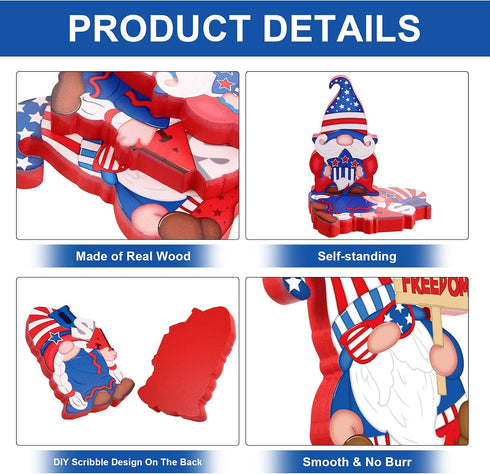 3 Pieces Patriotic Table Decorations American Gnome Wooden Signs Wood Freestanding Table Centerpieces for American Independence Day Memorial Day V...