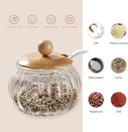 Salt Cellar, 8 Oz / 250 ML Glass Container with Bamboo Lid, Cute Pumpkin Condiment Jar, Storage Canister with Scoop, Kitchen Countertop Seasoning ...