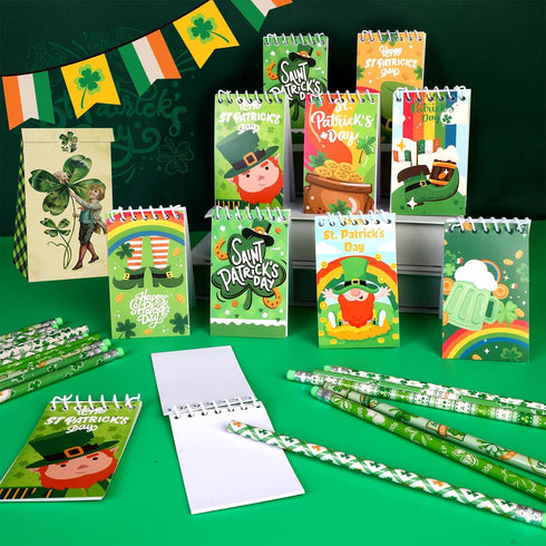 HOWAF 34 Pack St Patrick’s Day Pencils and Notebooks Set, St Patricks Day Stationery Supplies for Kids-St Patrick’s Day Wood pencils with Eraser S...
