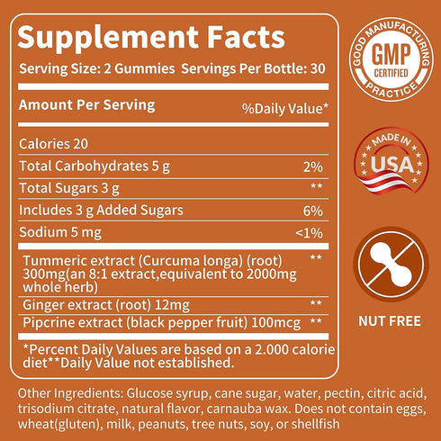 Turmeric Gummies for Adults - Extract 8:1 2000mg - Black Pepper and Ginger Supplements for Joint Support - Vegetarian Chewable Vitamins Supplement...