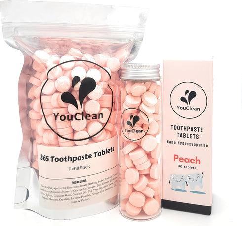 90 Toothpaste Tablets in Refill/Recycle Glass Tube - for Travel and Daily Home Office Use - Nano Hydroxyapatite, Fluoride-Free, Vegan (Peach90)...