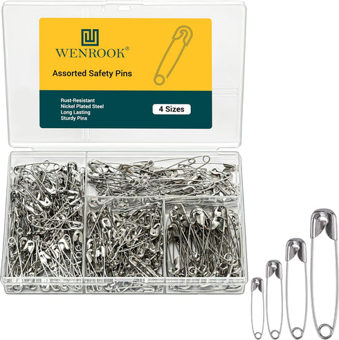 300 Pack Safety Pins Assorted, 4 Different Sizes, Strong Nickel Plated Steel, Safety Pins for Clothes, Crafts, Pinning and More...