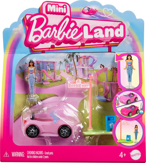 Barbie Mini BarbieLand Doll & Toy Vehicle Sets, 1.5-inch Doll & Convertible Car with Color-Change Surprise, Plus Street Sign Accessory...