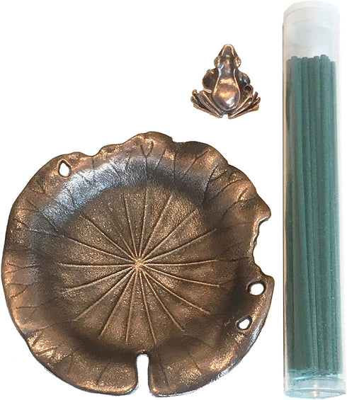 Red Copper Bronze Antique Style Lotus Flower Lily Pad Ash Catcher Incense Burner Holder Plate Zen Buddha Buddhist Meditation Decor w/Mini Lucky Fr...