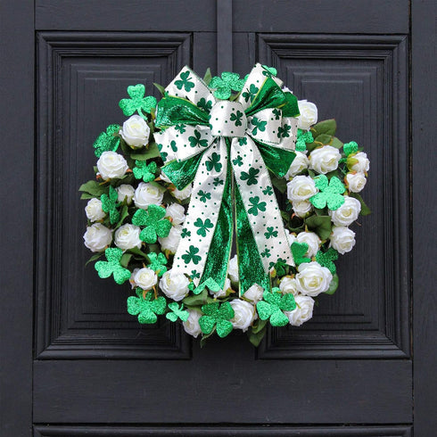 St. Patrick's Day Wreath Bow, Large Glitter Green Clovers Shamrock Gift Bow St Patricks Day Irish Holiday Shamrock Bow Ornaments for St. Patrick's...