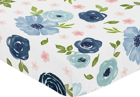 Sweet Jojo Designs Navy Blue and Pink Watercolor Floral Girl Fitted Crib Sheet Baby or Toddler Bed Nursery - Blush, Green and White Shabby Chic Ro...