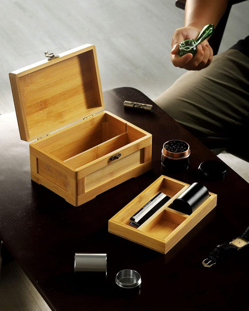 Wooden Stash Box with Rolling Tray Stash Box Combo to Organise your Herbs and Accessories - Rolling Kit with Removable divider - Large stash box a...