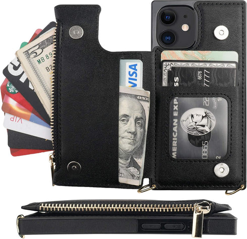 Bocasal Crossbody Wallet Case for iPhone 12/12 Pro with Card Holder,Zipper Card Slot Protector Shockproof Purse Cover with Removable Cross Body St...